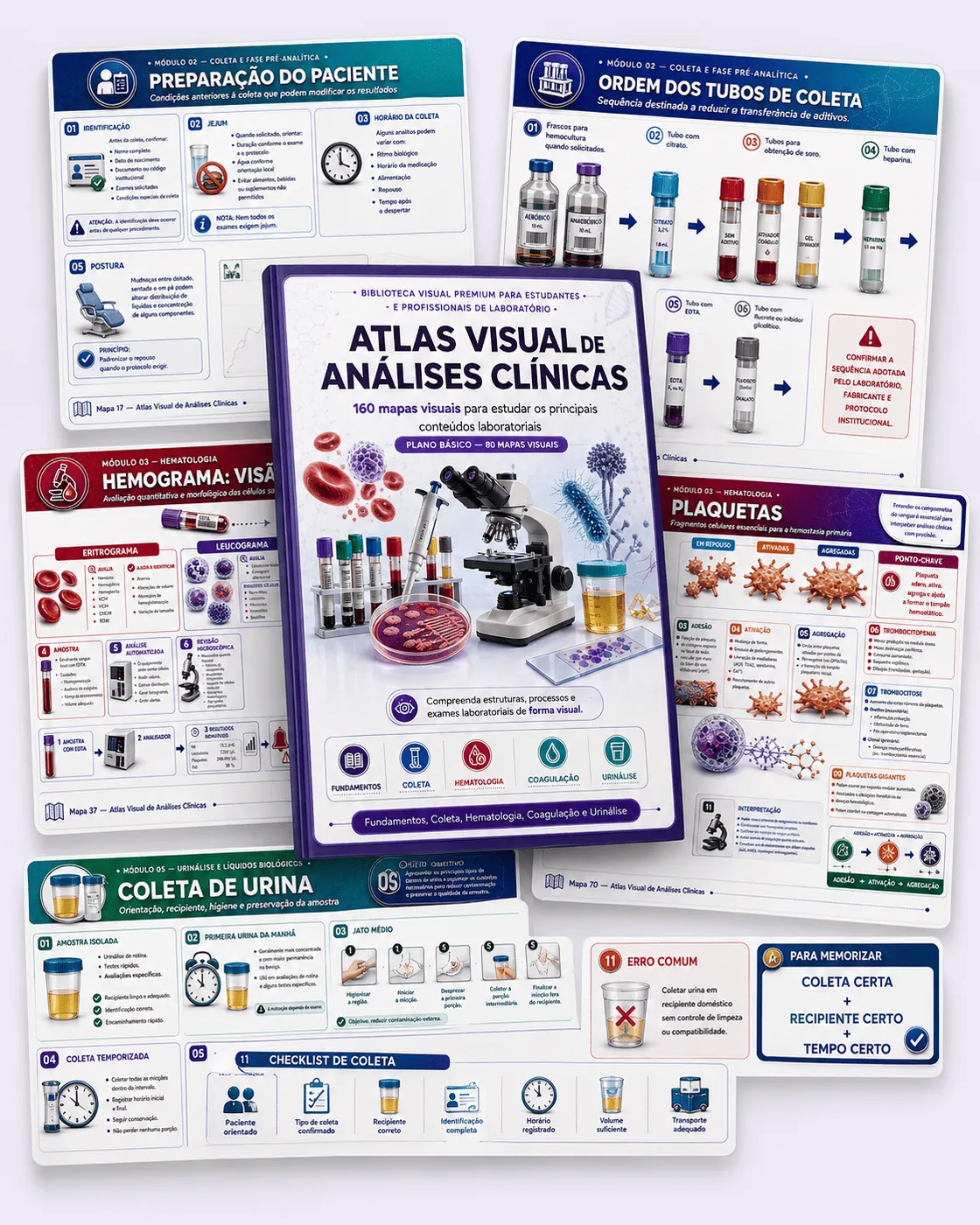 Mockup do Atlas Visual de Análises Clínicas com páginas de mapas visuais flutuando ao redor do produto